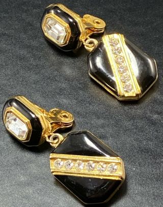 Monet Vintage Clip Earrings 1.  5” Black Dangles Crystal Rhinestones Gold Tone