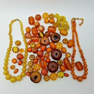 Joblot Vintage Costume Jewellery Faux Amber Necklaces Loose Beads Bundle 24