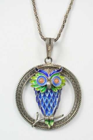 Vintage 800 Silver Filigree Plique A Jour Enamel Owl Necklace Pendant Coral Eyes