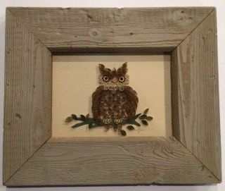 Vintage Quilled Art Perched Owl Framed Signed Tana Rabich 