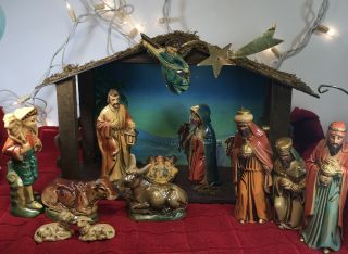 Vintage Sears Lighted Musical 15 Piece Nativity Set 97107 Made In Japan,  Box