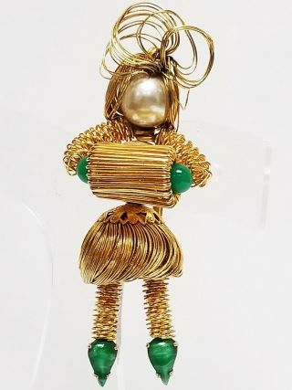 Vintage Music Gold Tone Wire Accordion Musician Woman Green Art Glass Brooch