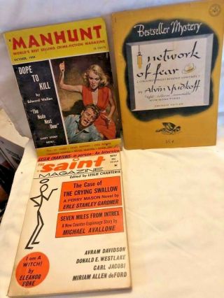 3 Vintage Pulp Mystery Magazines Manhunt,  Saint,  Bestseller Mystery 1957 - 65