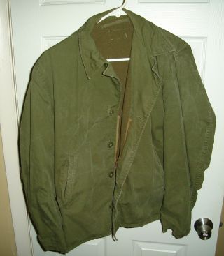 Vintage Us Navy Lined Deck Jacket - Coat Stenciled Usn,  Od Green