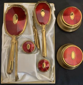 Vintage Art Deco Dresser Mirror & Brush Vanity Set Red With Gold