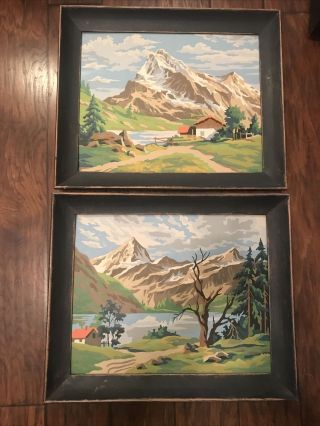 Vintage Set (2) Paint By Number Framed Mid Century Alps Mountains