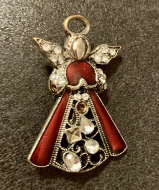 Vintage Silver Tone Angel Brooch Pin Red Clear Rhinestones 2”