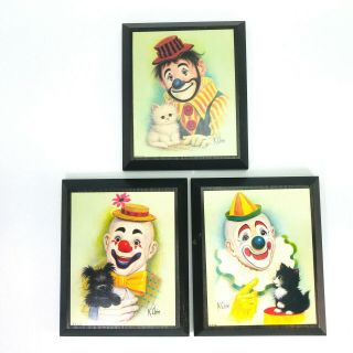 3 Clown Print Wood Plaques K Chin Cat Kitten Dog Puppy Vintage 6 " X 4.  75 "