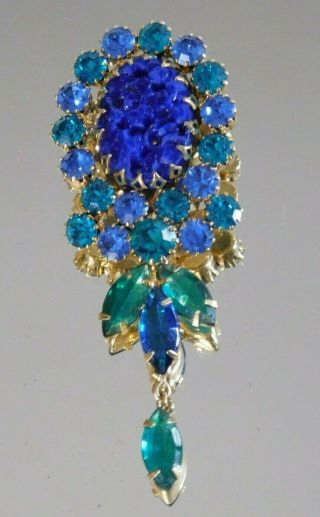 Vintage Juliana D&e Sapphire Blue Molded Glass And Rhinestone Dangling Brooch