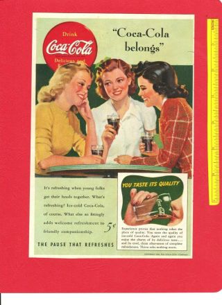 Vintage & 1941 Coca - Cola Color Art Ad: Teen Friends & " Coke ",  6 " X 9.  5 "