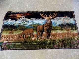 Vtg Velvet Tapestry Mountain Elk Stag Hunting Shack Wall Hanging Rug 37 " X 19 "