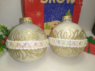 Vintage Christmas Ornaments 2 Krebs Mercury Glass Balls Gold Caps Mica Glitter