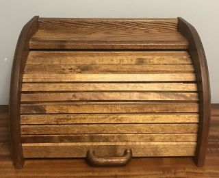Vintage Cornwall Bread Box Oak Wood Roll Up Shelf Appliance Garage Cabinet