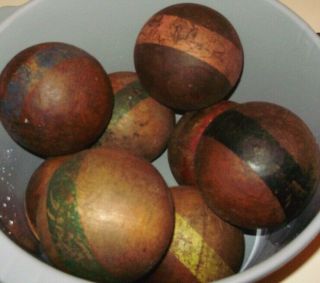Older Vintage Set Of 8 Wooden Croquet Balls - Striped W/paint Wear