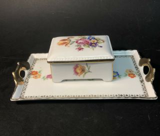 Vintage Set Porcelain Trinket Box & Pin Tray Floral White Gold Trim Germany