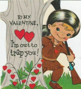 Vintage Valentine Card Boy In Coonskin Cap Out To Trap You Die Cut