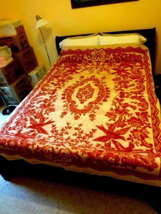 Vintage Double Sided Red Floral Wool Blanket 62 " X 90 "