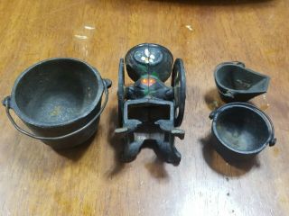Vintage Chase & Sanborn Cast Iron Miniature Coffee Grinder And 3 Pots