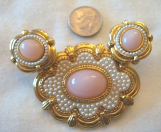 Vintage Avon Pink Oval Brooch Pin & Clip Earrings Set Goldtone With Faux Pearls