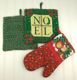 Pot Holders Vintage Christmas Noel Teddy Bears Hot Pad And Oven Mitt Red Green