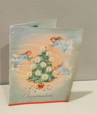 Vintage Christmas Card Pretty Little Girl Angels In Blue Decorate Tree 40 