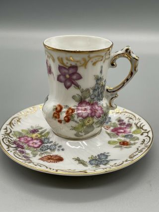 Vintage Occupied Japan Miniature Floral Tea Cup & Saucer Hand Painted Gold Trim