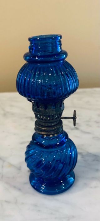 Vintage Miniature Cobalt Blue Oil Lamp Swirl - Rib Pattern Hong Kong