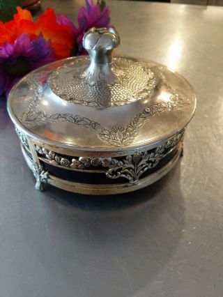 Vintage Japan Cobalt Glass Silver Plated Powder Box Vanity Dresser Jar Art Deco