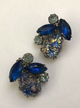 Vintage Silver Toned Art Glass Cabochon & Blue Rhinestone Clip Earrings