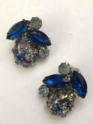 Vintage Silver Toned Art Glass Cabochon & Blue Rhinestone Clip Earrings 2