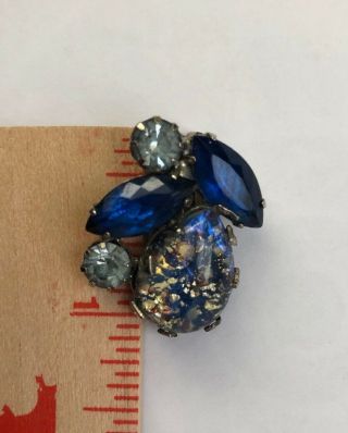Vintage Silver Toned Art Glass Cabochon & Blue Rhinestone Clip Earrings 3
