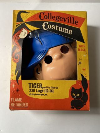 Vintage Halloween Mask Costume And Box Tiger Wb 1970 Collegeville