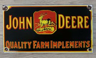 Vintage John Deere Quality Farm Implements 15”x8” Porcelain Enamel Sign