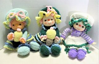 3 Vintage Hand Crocheted Ice Cream Dolls 13 " & 14 " Hong Kong