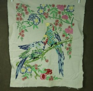 Vintage Crewel Embroidery Tropical Birds Parrot Floral 18x13 " Unframed Picture