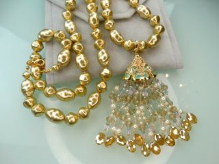 Joan Rivers Vtg 80s Jumbo Baroque Pearl Glass Crystal Tassel Mogul 40 " Necklace