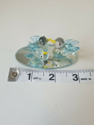 Vintage Miniature Glass Bird Family Figurine On Mirror Display Base