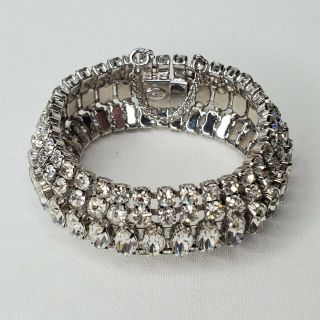 Vintage Weiss Bracelet Wide Clear Rhinestones Safety Chain Statement Signed