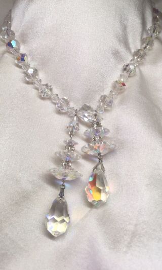 Vintage Chandelier Aurora Borealis Crystal Necklace Drop Sparkling Twin Pendant