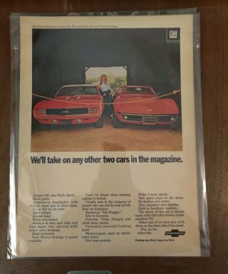 Vintage 1969 Chevrolet Camaro Rs/ss & Corvette Full Page Full Color Print Ad