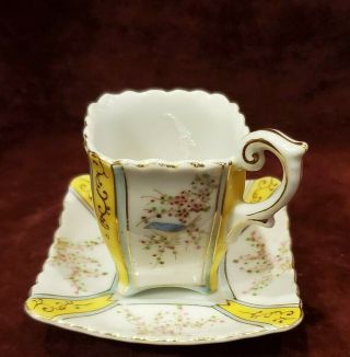 Vintage Hand Painted Wales China Square Demi Teacup & Saucer Yellow W/ Blue Bird