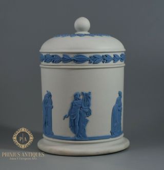 Stunning Vintage Wedgwood Jasper Ware Reverse Blue On White Tobacco Jar