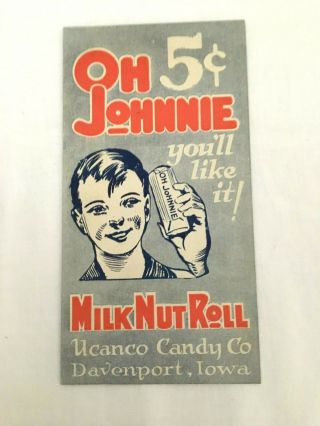 Vintage Oh Johnnie Milk Nut Roll Display Card - Note Written On Back Circa 1924