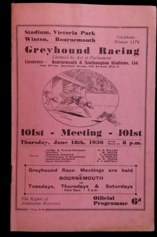 Vintage Greyhound Racecard Victoria Park,  Winton,  Bournemouth Stadium 1936
