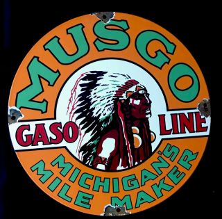Vintage 1930’s Musco Indian 12” Porcelain Sign Gas Oil Auto Gasoline