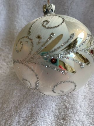 Vintage W.  Germany Glass Christmas Ornament White &.  Silver 3.  5”