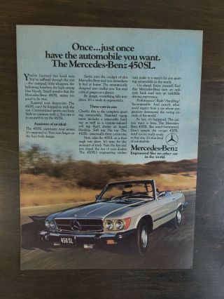 Vintage 1976 Mercedes - Benz 450sl Full Page Color Ad