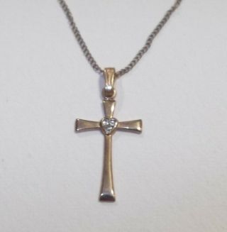 Vtg 14k Gf Yellow Gold Filled Diamond Heart Cross Pendant & Gf Chain Necklace 1 "