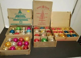 4 Boxes Of Vintage Christmas Shinny Bright & Corning Ornaments.  Boxes.