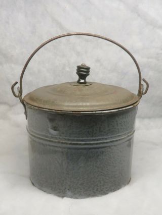 Antique Vintage Grey Graniteware Berry Bucket Lunch Pail With Lid